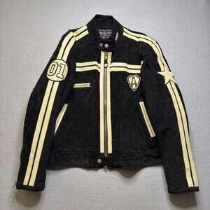 Arlen Ness Leather Motorcycle Jacket Mens XXL Black Cream Racing Biker Moto Y2K